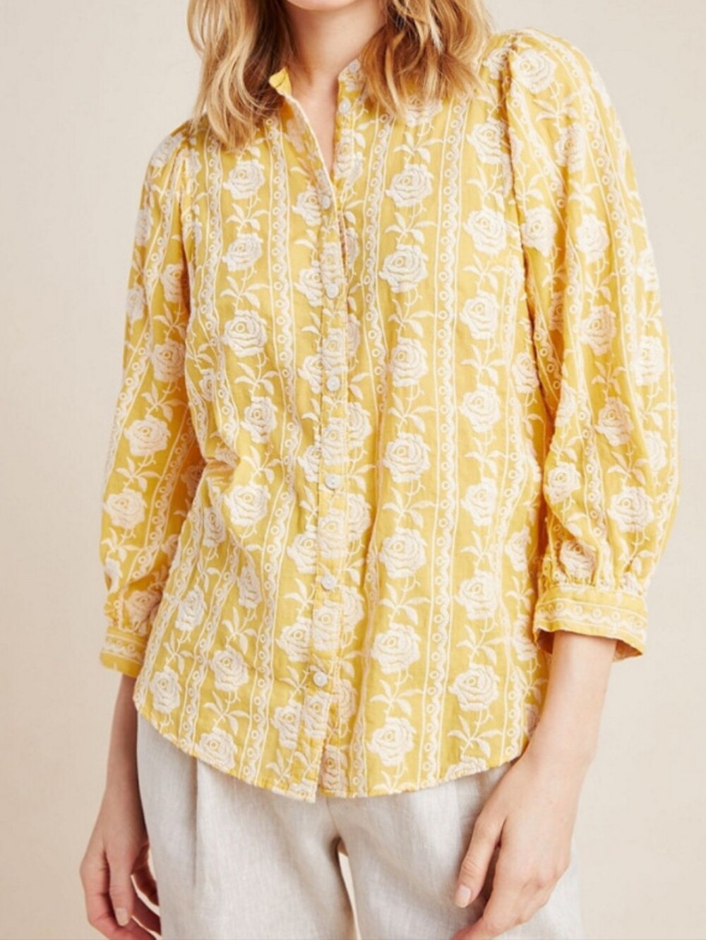 Pilcro Anthropologie Boho Embroidered Roses Yellow Button-Down Blouse Size S